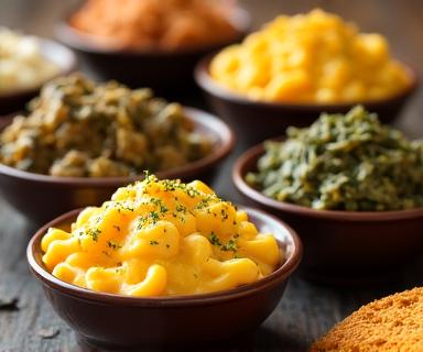 Southern sides including mac and cheese, collard greens, and cornbread
